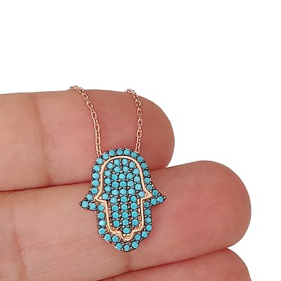 #ad Turkish Rose Gold 925 Sterling Silver Turquoise Hamsa Hand Lucky Necklace $29.99