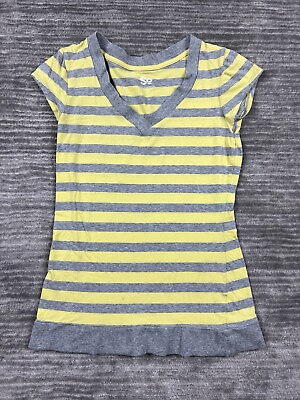 #ad SO Top Womens Large Yellow Gray Striped Short Sleeve V Neck Casual $9.99