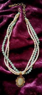 #ad Vintage Brand 1928 Triple Strand Necklace Faux Pearl And Faux Jade $25.00