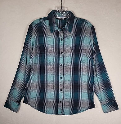 #ad Riders By Lee Flannel Shirt Womens Teal Aqua Blue Plaid Long Sleeve Button up $14.00