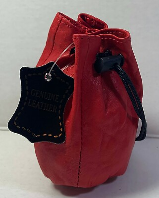 #ad NEW Quality Soft Leather Drawstring Wrist Pouch with spring locks Coin Purse red $8.40