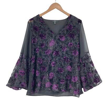 #ad Alfani Blouse Top Womens Small Black Floral Chiffon Bell Sleeve V Neck Pullover $22.99