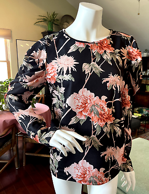 #ad Shein Black Floral Long Sleeve Top Puffed Shoulders NWOT Sz L $12.00