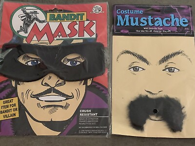 #ad Black Eye Mask Adult Mens Bandit Lone Ranger Zorro Halloween And Mustache $9.00