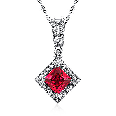 #ad 925 Solid Sterling Silver 2.4 CT Princess Cut Ruby Gemstone Pendant Necklace 18quot; $19.99