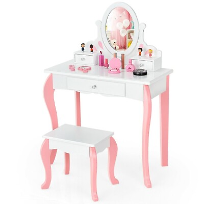 #ad Kids Vanity Princess Makeup Dressing Table Stool Set Girl W Mirror Drawer White $98.96