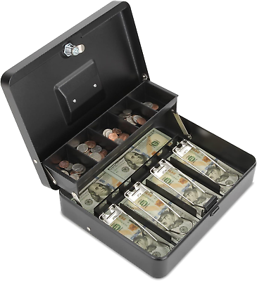 #ad Cash Box with Lock and 2 Keys Metal Money Box with Cash Tray Lock Safe Box 4 $65.00
