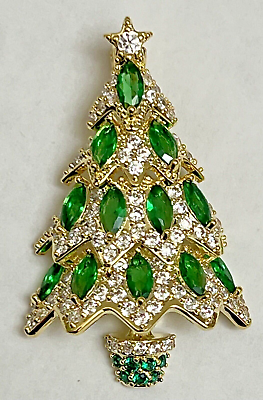 #ad Vintage Christmas Tree Clear Green Glass Crystal Rhinestone Brooch Pin Gold Tone $18.69
