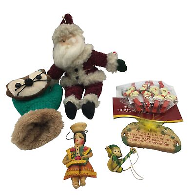 #ad Christmas Ornaments Lot of 6 Santa Cat Sock Vintage Hand Made Lady Elf Clothspin $19.95