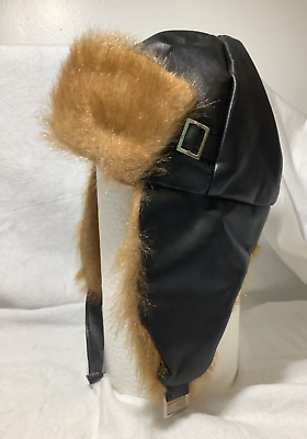 #ad Aviator Trapper Hat w Chin Strap Faux Black Leather Faux Brown Fur Ear Flaps $5.40