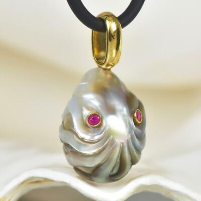 #ad Octopus Carved Black Tahitian Pearl Ruby Gold Vermeil Sterling Pendant 4.35 g $236.00