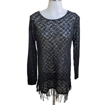 #ad Brittany Black Sweater L Crochet Fringe Boho Hippie Sheer Knit Lace Look $15.00