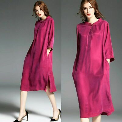 #ad Womens Summer Long Silk Dress Loose 3 4 Sleeve Retro Style Plus Size Fashion $117.90