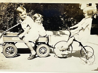 #ad VH Photograph Kids Playing Tricycle Wagon Boy Girls 1930 40#x27;s $14.50