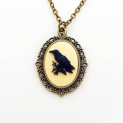 #ad Antique Pendant Raven Cameo Victorian Oval Enamel Necklace Vintage $42.27