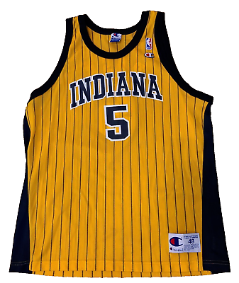 #ad Vtg Champion Jersey Jalen Rose 5 NBA Indiana Pacers Yellow Gold Striped Sz 48 XL $59.99