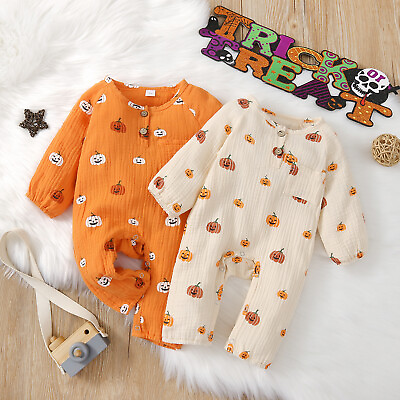 #ad Infant Baby Boy Girls Halloween Jumpsuit Pumpkin Print O Neck Long Sleeve Romper $10.44