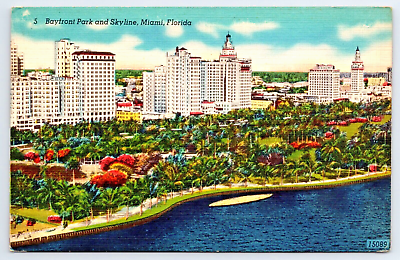 #ad Bayfront Park and Skyline Miami Florida Linen Postcard C $3.95