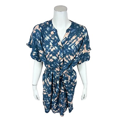 #ad Denim amp; Co. Beach Ruffle Sleeve Linen Cover Up Dress Peacock Tie dye Large Size $13.75