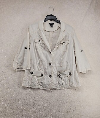 #ad Lane Bryant Linen Blend Safari Blazer Jacket Size 16 Utility Roll Up Sleeves $17.49