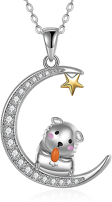 #ad Guinea Pig on Moon Necklace for Women 925 Sterling Silver Hamster Jewelry Gifts $89.06
