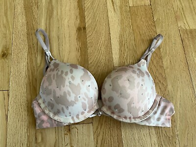 #ad Victoria’s Secret Miraculous Plunge Bombshell Bra Padded Gray Pink Size 32AA $14.90