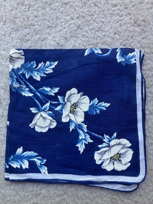#ad WOMEN#x27;S VINTAGE HANDKERCHIEF BLUE WITH WHITE FLOWERS rolled hem free shipping $9.99