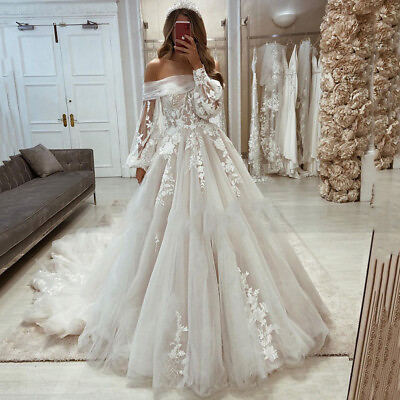 #ad White Beach Wedding Dresses Removeable Puff Long Sleeves Tulle Bridal Gown Train $145.35
