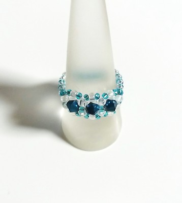#ad Cute Handmade Blue Beaded Ring Metal Free Ring Three Stone Ring GBP 5.00