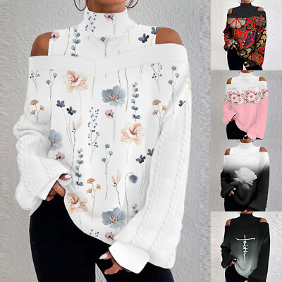 #ad Womens Floral Turtleneck Cold Shoulder Sweater Sexy Long Sleeve Loose Casual Top $24.89