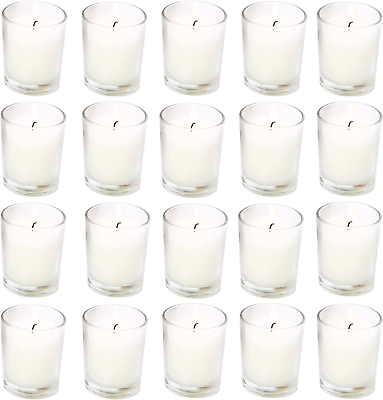 #ad Pack of 20 warm white unscented clear glass filled votive candles. Hand poure... $23.86