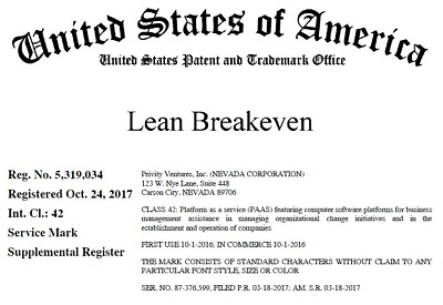 #ad USPTO Trademark quot;Lean Breakevenquot; Supplemental $1000.00