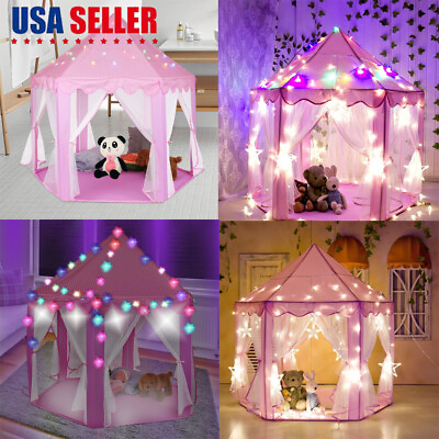 #ad Girls Pink Princess Castle Cute Playhouse Children Kids Play Tent 6M LED Light $28.73