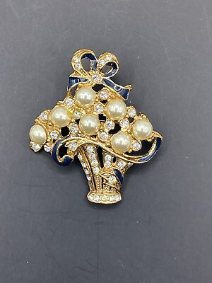 #ad Vintage Signed Roman Brooch Flower Bouquet Pin Gold Tone Rhinestones Faux Pearls $11.88