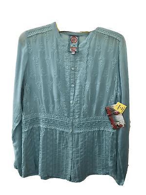 #ad NEW Johnny Was Embroidered Button Down Serena Top Shirt S Sky Long Sleeve $125.00