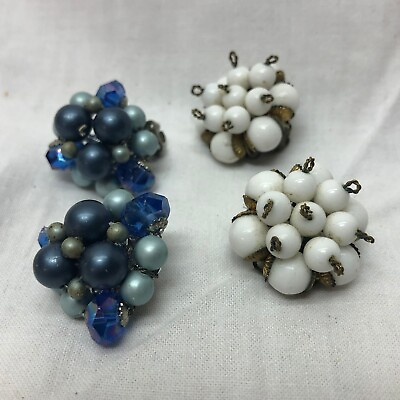 #ad 2 Vintage Ladies Clip On Earrings White Glass Blue Glass amp; Plastic $11.50