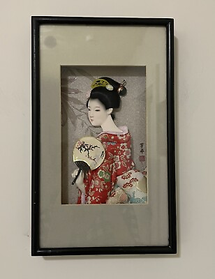 #ad Vintage Asian Geisha In Shadow Box Silk Kimono Japanese Diorama 3D Art Display $29.99