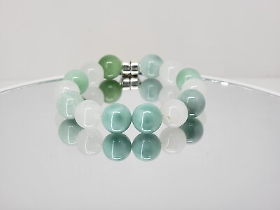 #ad 12mm Green amp; White Jade Gemstone Crystal Bracelet Magnetic Clasp Handmade $150.00