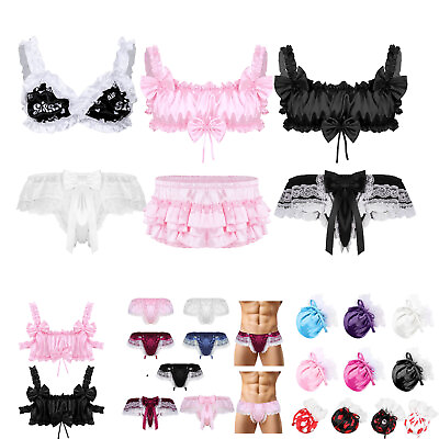 #ad US Men#x27;s Sissy Lingerie Set Satin Frilly Bra Top Panties Crossdresser Nightwear $9.57