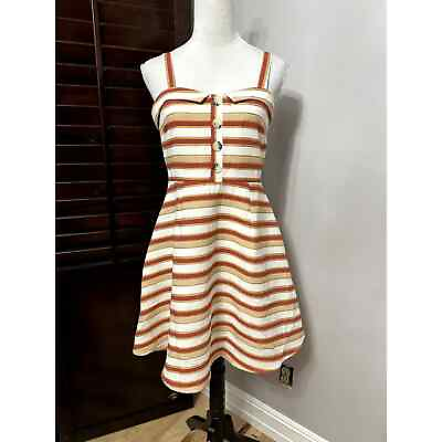 #ad Miami Womens Fit amp; Flare Dress Brown Mini Stripe Spaghetti Strap Buttons M $16.99