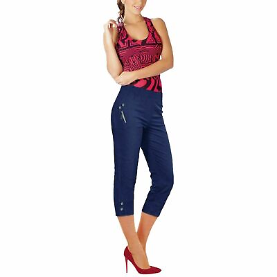 #ad NEW Ladies Cherry Berry Capri Cropped 3 4 Elasticated Summer Pants Trousers NAVY GBP 12.99