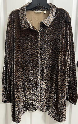 #ad Soft Surroundings Velour Tunic Top SZ 2X Animal Leopard Print SILK Button Up $34.98