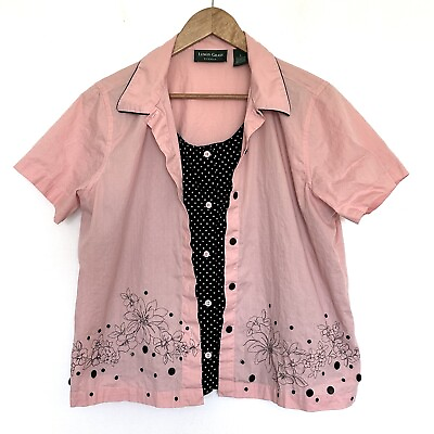#ad Lemon Grass Shirt Womens Large Pink Cotton Button Down Short Sleeve Collared Top $5.95