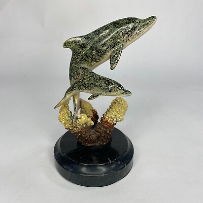 #ad SPI Gallery 2 Dolphins Swimming Corrals Cast In Last Wax Brass On Marble Base 5quot; $99.99