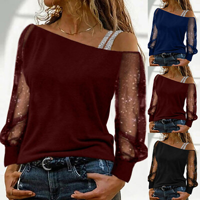 #ad Womens Glitter Cold Shoulder Tops Ladies Mesh Long Sleeve Casual Loose Blouse US $14.87