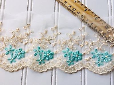 #ad Floral Embroidered Lace Trim with White Tulle for Sewing Crafts Bridal 4quot; Wide $7.95