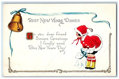 #ad c1910#x27;s New Year Little Girl Santa Dog Bell Blue Ribbon Embossed Posted Postcard $6.47