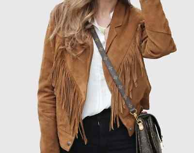#ad Women fringe leather jacket brown tan suede leather western jacket with fringe $198.99