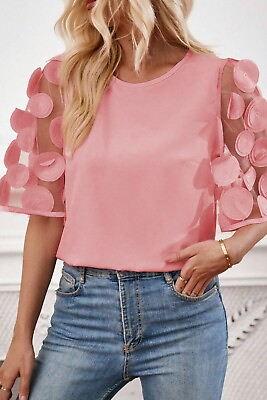 #ad Womens Applique Round Neck Blouse Half Sleeve Pink or Black Semi Sheer Med XL $29.89