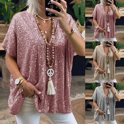 #ad Womens Sequin Glitter V Neck Tops Ladies Clubwear Evening Party Blouse T Shirt $21.89
